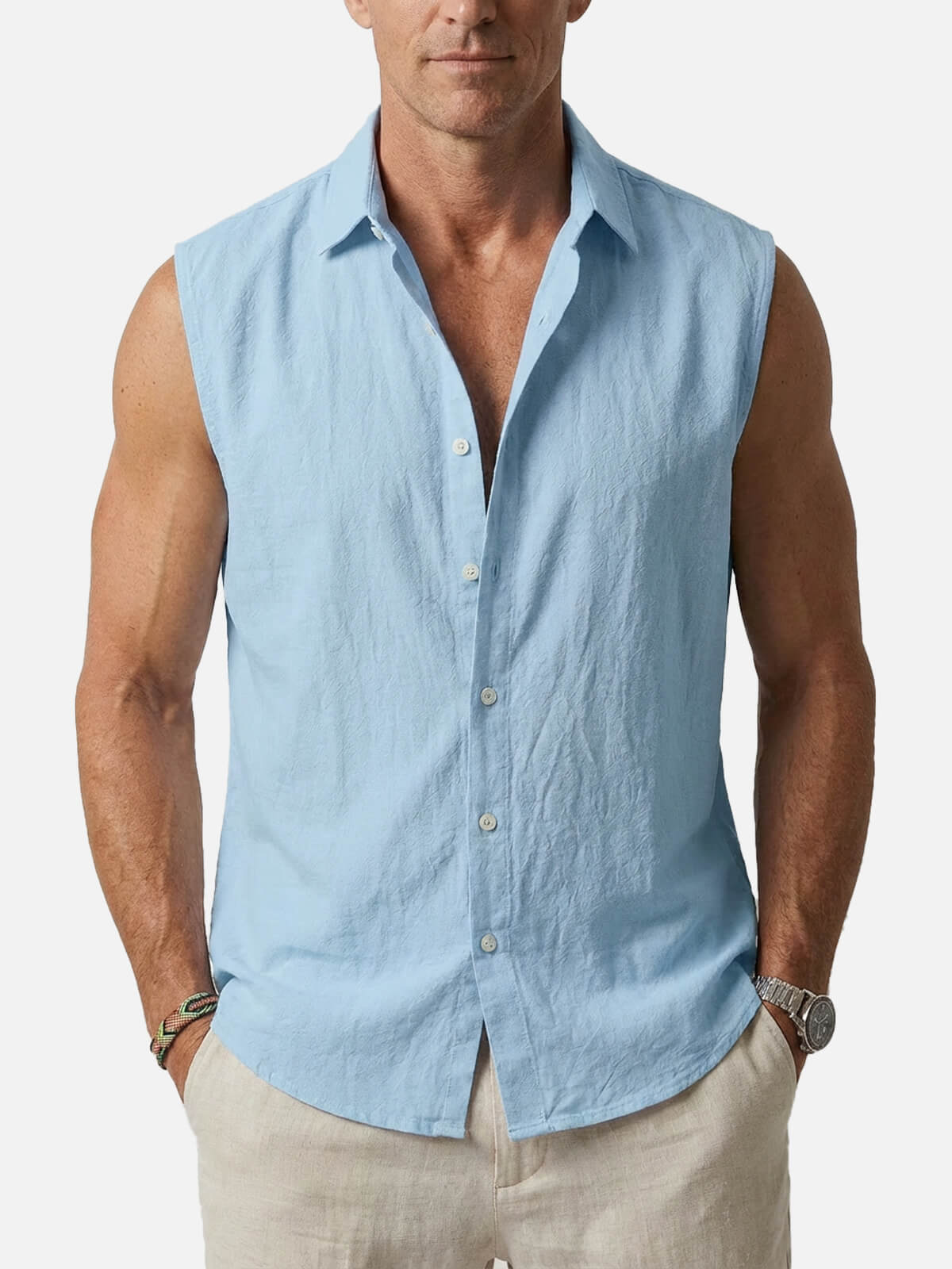 Men's Linen Sleeveless Button-Up Shirt Eleven Oasis
