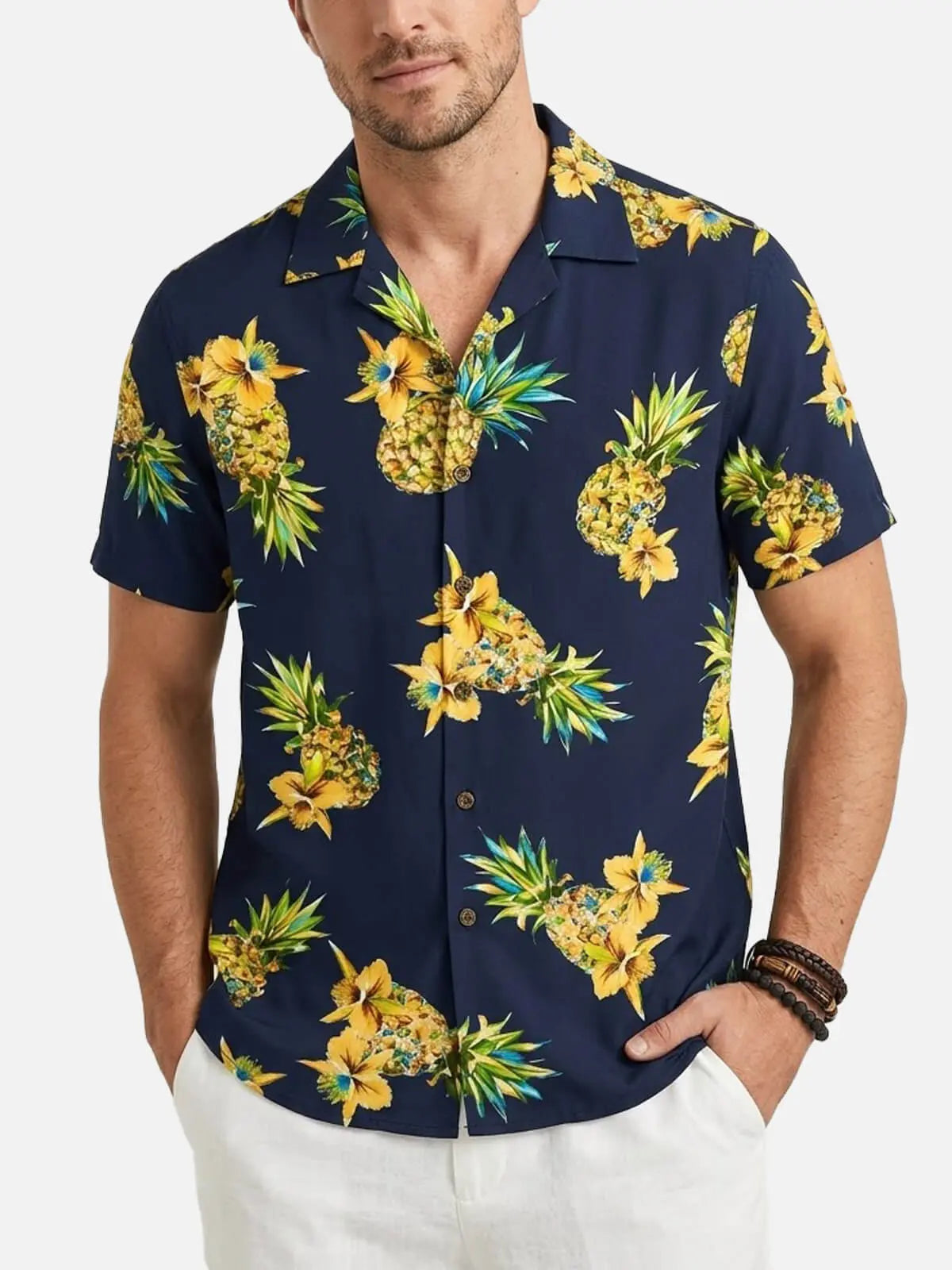 Men's Tropical Pineapple Floral Short Sleeve Shirt ElevenOasis