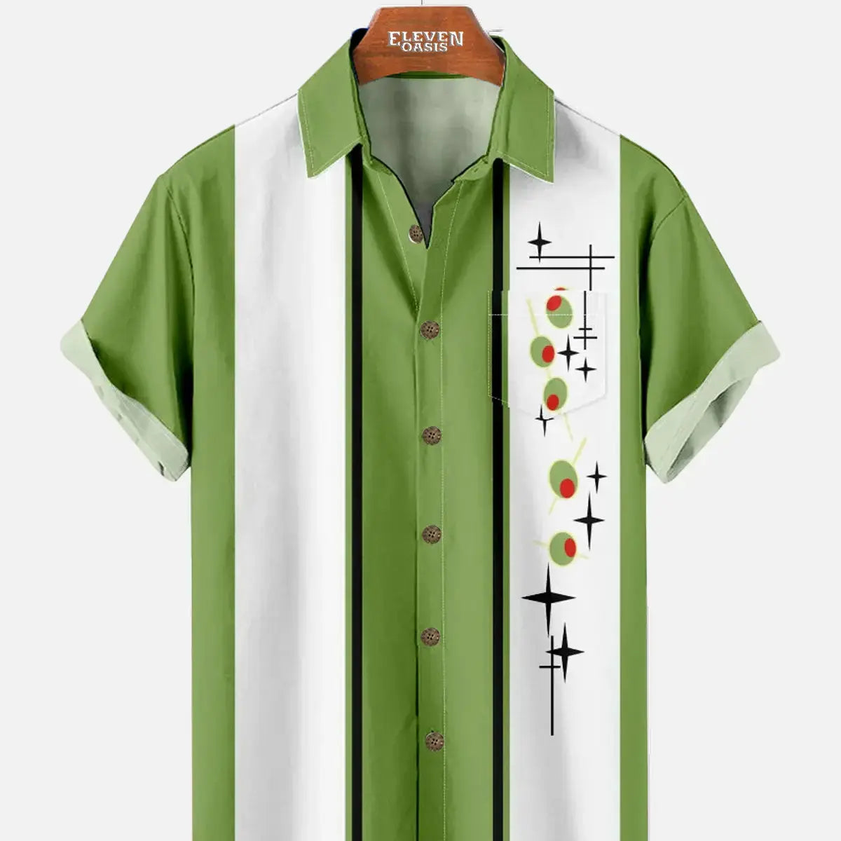 Men's Atomic Olive Starburst Bowling Short Sleeve Shirt ElevenOasis