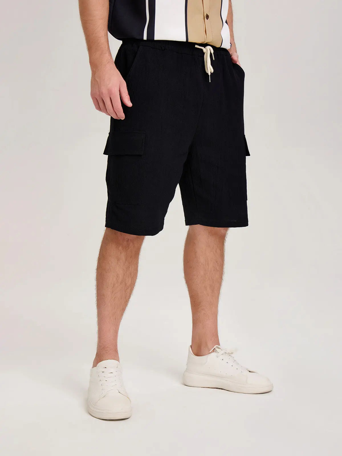 Men's Solid Color Linen Shorts Waist Drawstring Cargo Shorts ElevenOasis