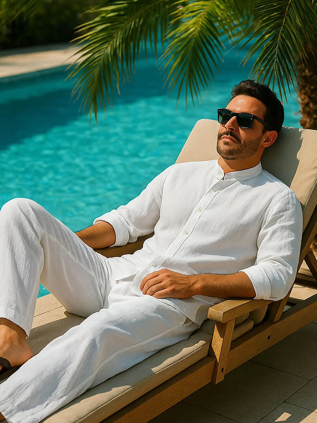 Men's Solid Color Linen Long Sleeve Elastic Waist Wide Leg Set Vacation Slow Living Linen Ensemble ElevenOasis