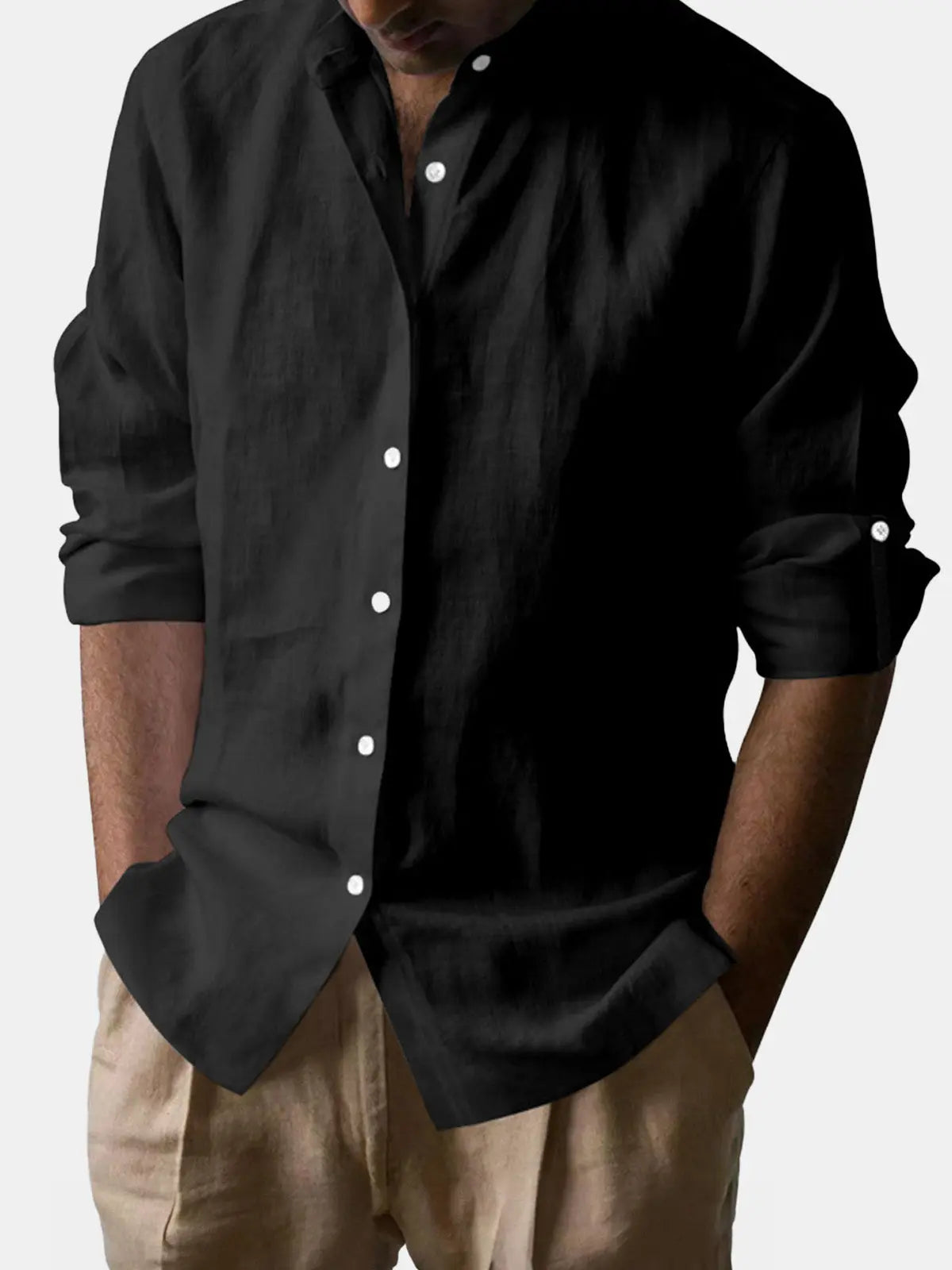Men's Linen Blend Band Collar Long Sleeve Shirt ElevenOasis
