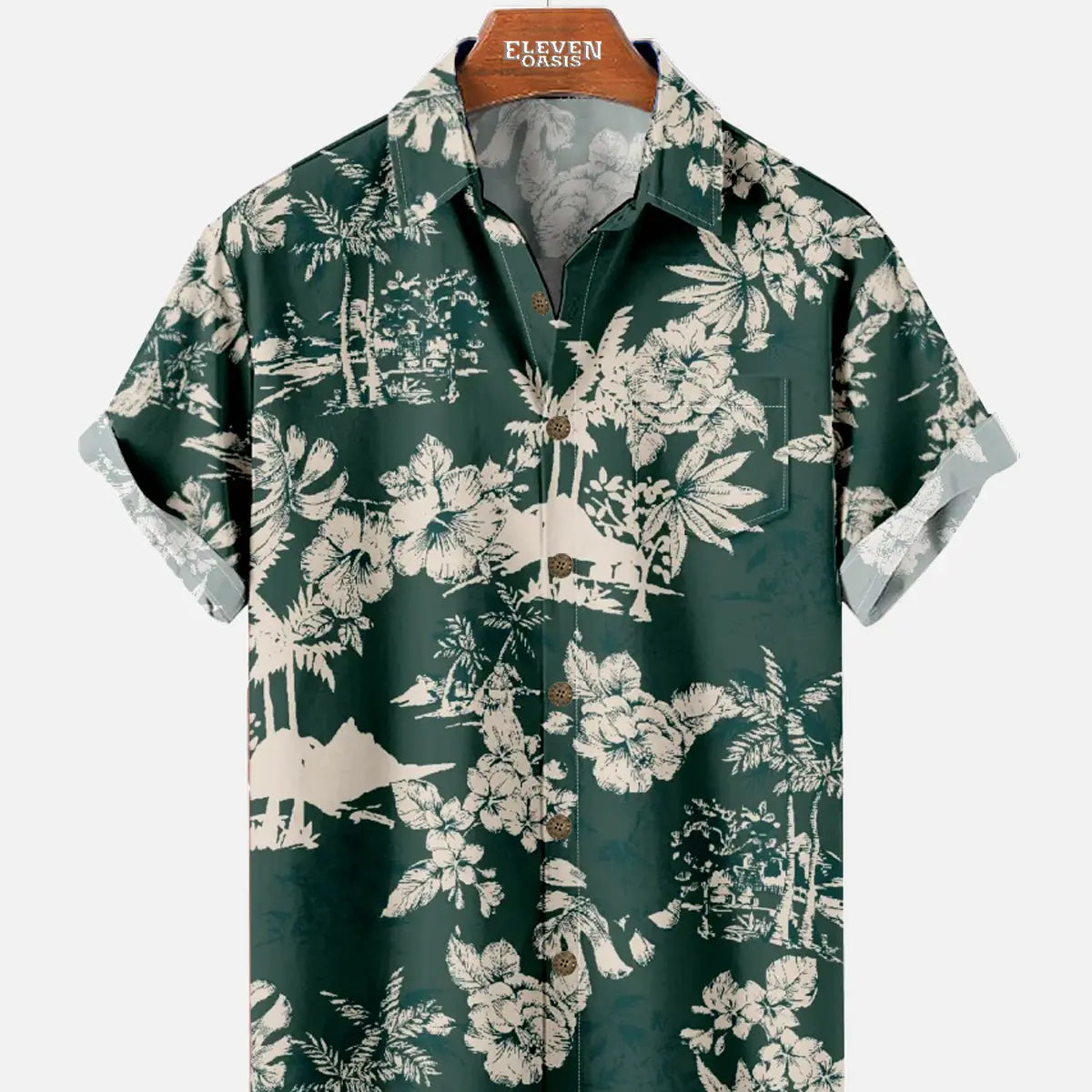 Men's Hawaiian Palm Landscape Floral Print Short Sleeve Shirt ElevenOasis