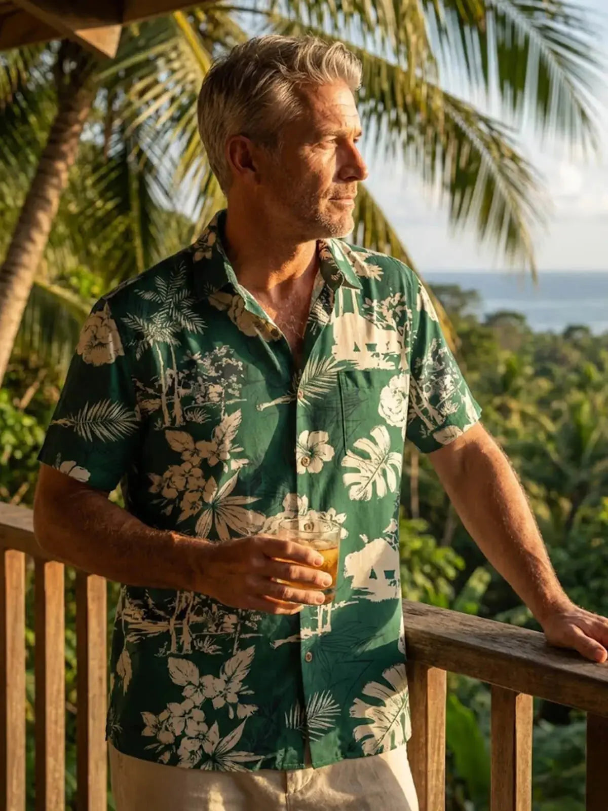Tall Men's Hawaiian Palm Landscape Floral Print Short Sleeve Shirt ElevenOasis