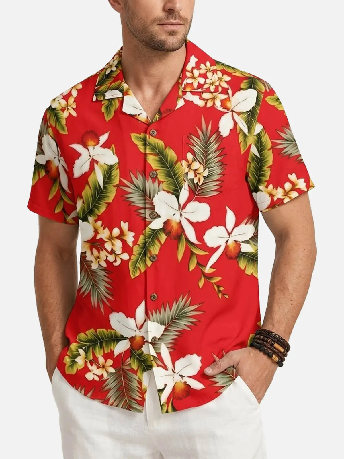 Men's Tropical Orchid Floral Short Sleeve Shirt ElevenOasis