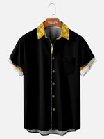 Men's Black Contrast Hand-Drawn Collar Short Sleeve Shirt ElevenOasis