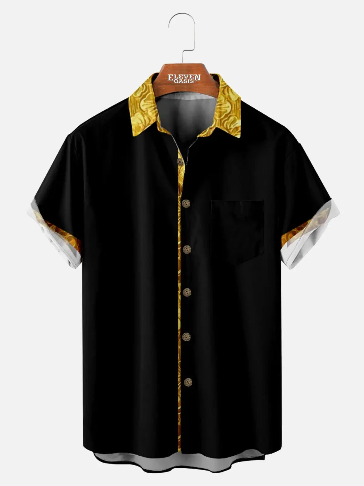 Men's Black Contrast Hand-Drawn Collar Short Sleeve Shirt ElevenOasis