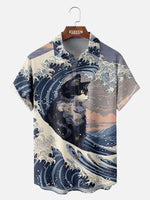 Tall Men's Japan-Inspired Ocean Waves and Cat Short Sleeve Shirt Eleven Oasis