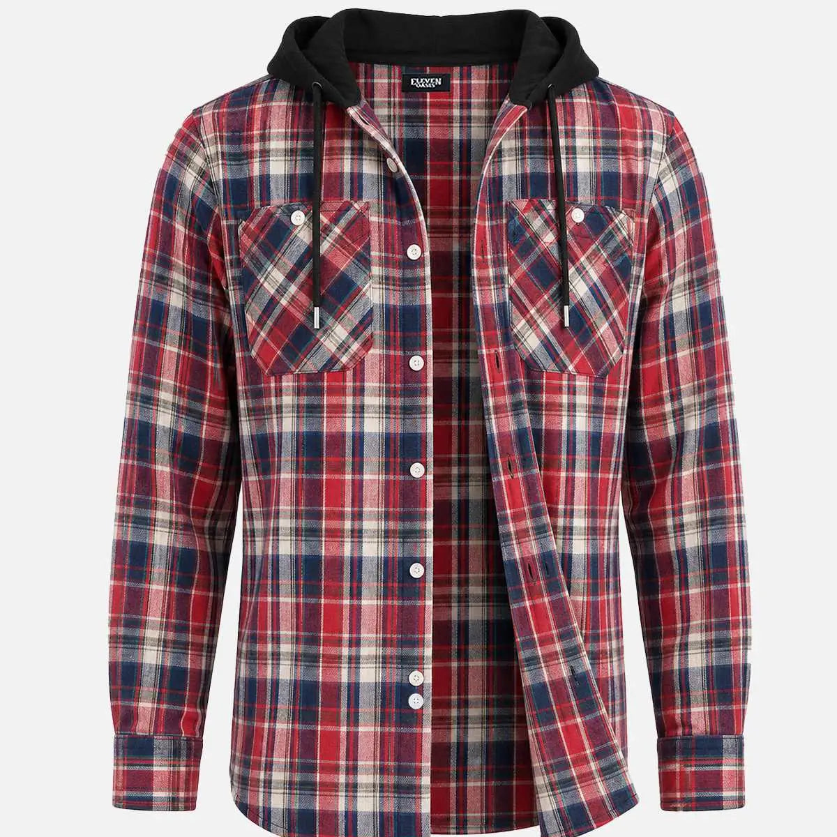 Men's Hooded Plaid Double Pocket Long Sleeve Shirt Eleven Oasis