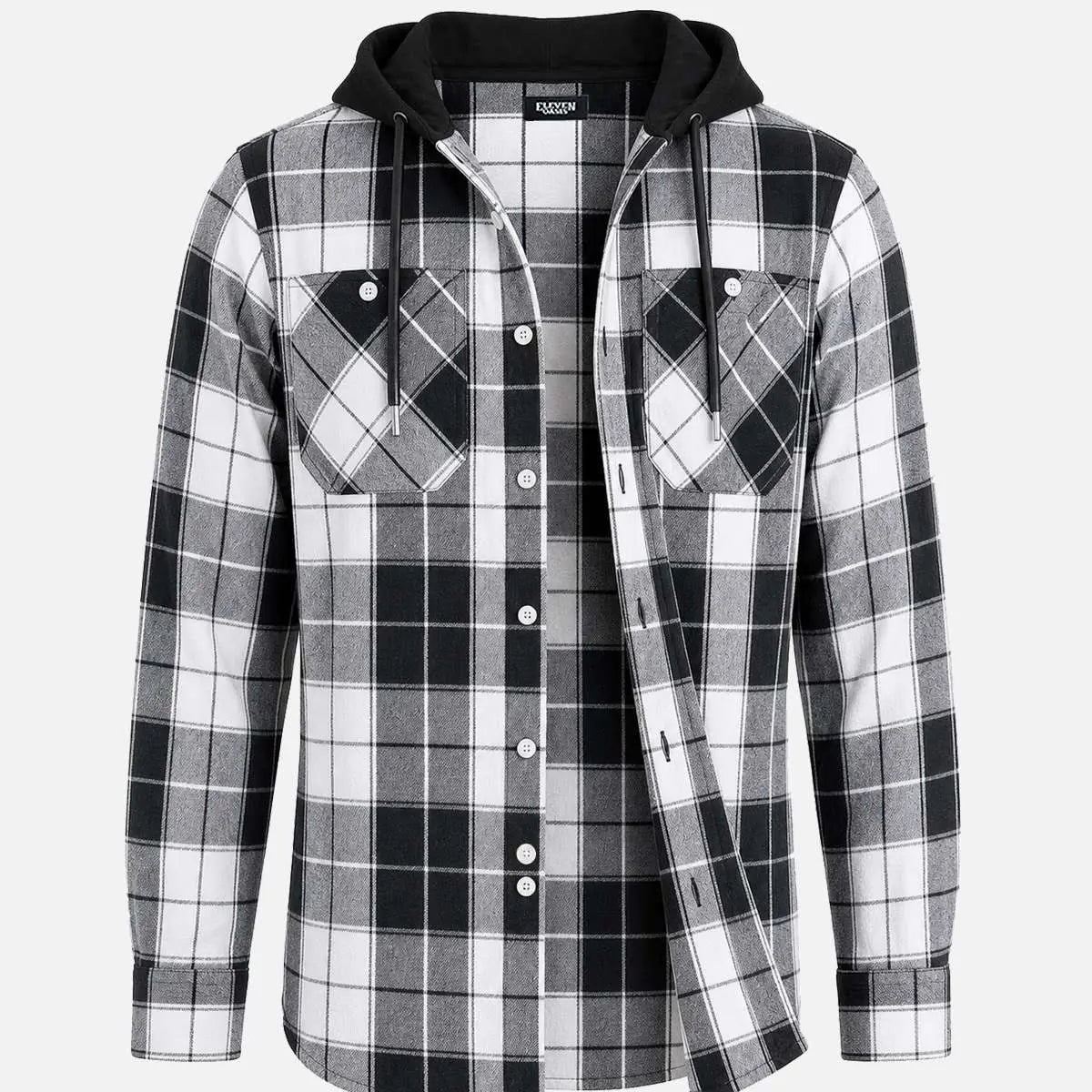 Men's Hooded Plaid Double Pocket Long Sleeve Shirt Eleven Oasis