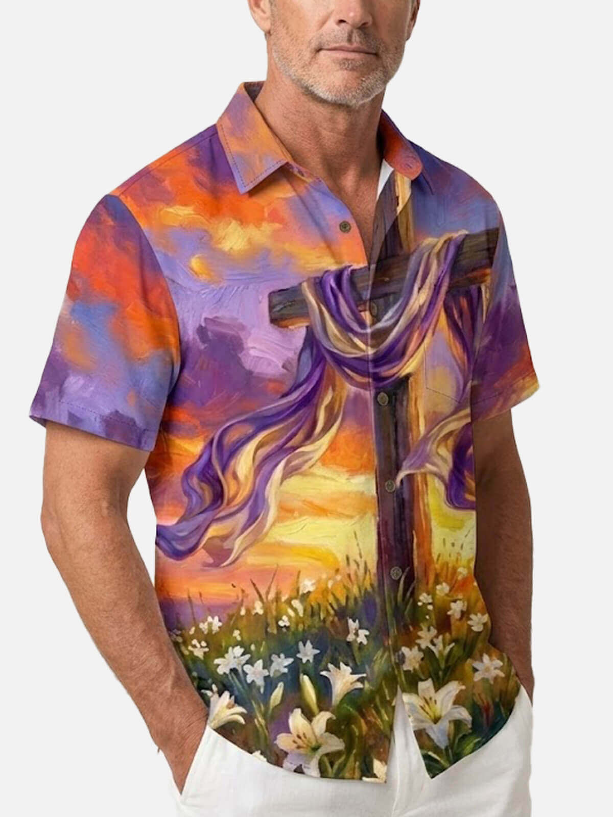 Men's Faith Cross Oil Painting Short Sleeve Shirt Eleven Oasis