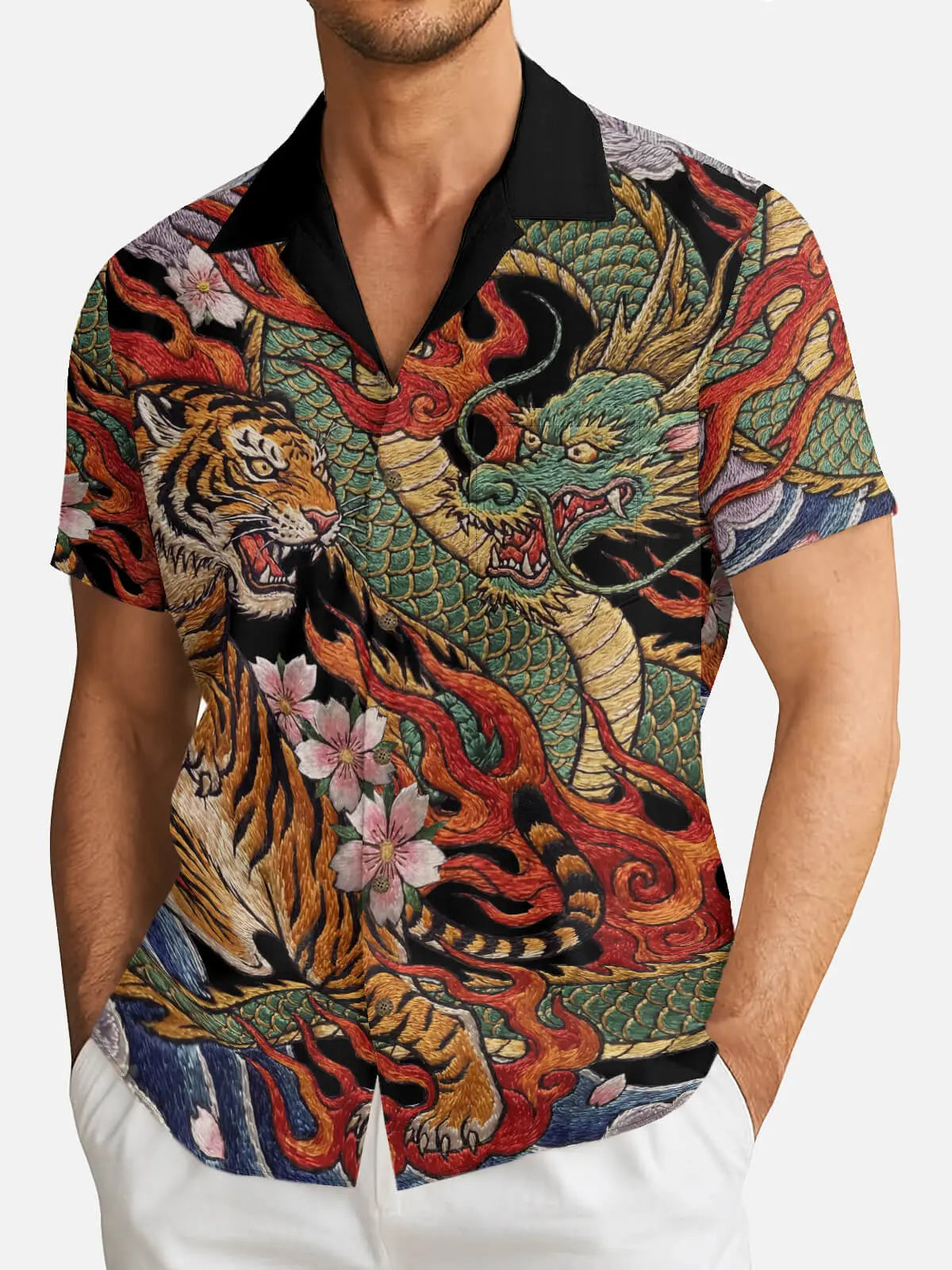 Tall Men's Japanese Tiger & Dragon Battle Short Sleeve Shirt Eleven Oasis