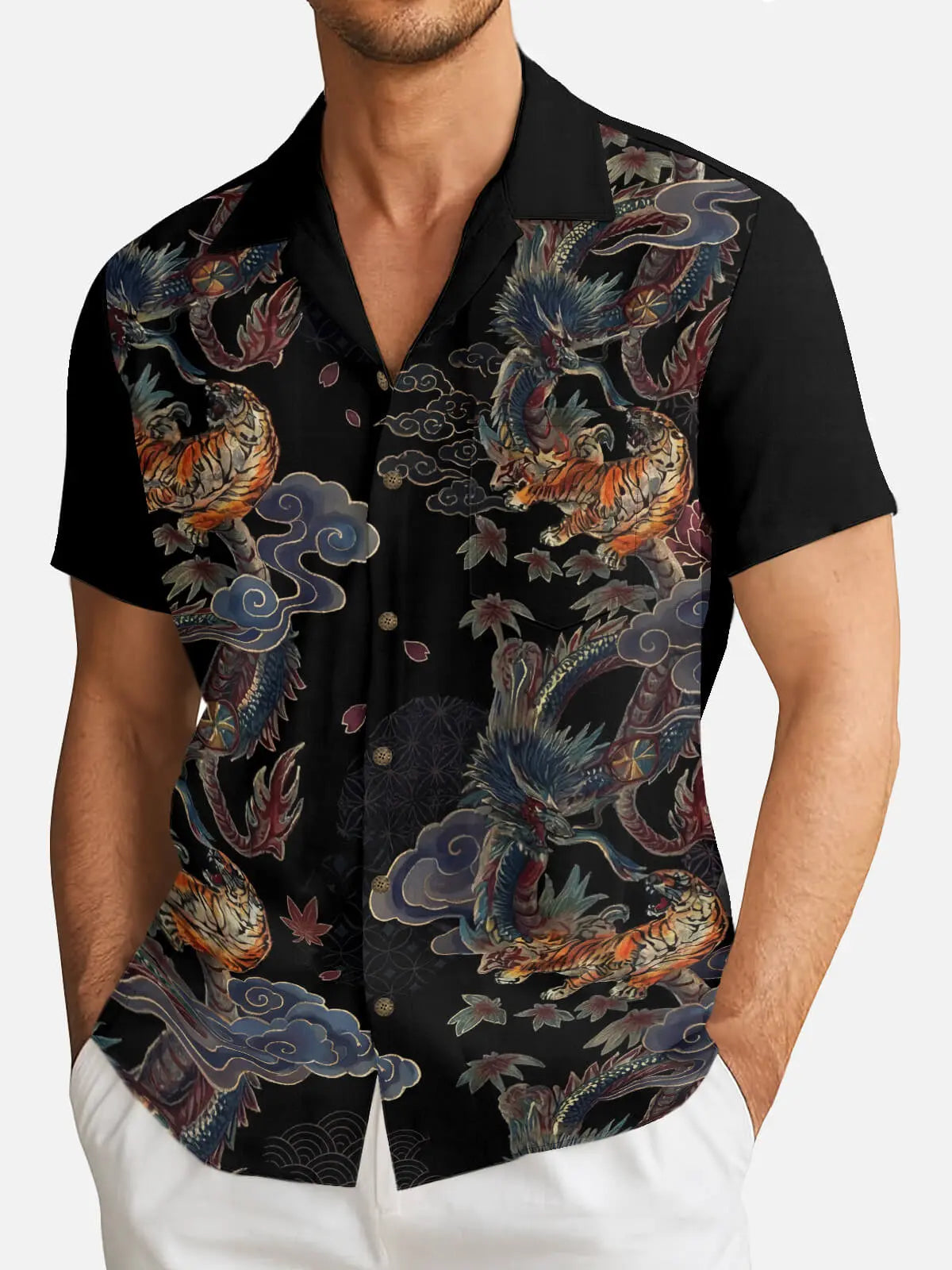 Tall Men's Japanese Tiger & Dragon Nightfall Short Sleeve Shirt Eleven Oasis