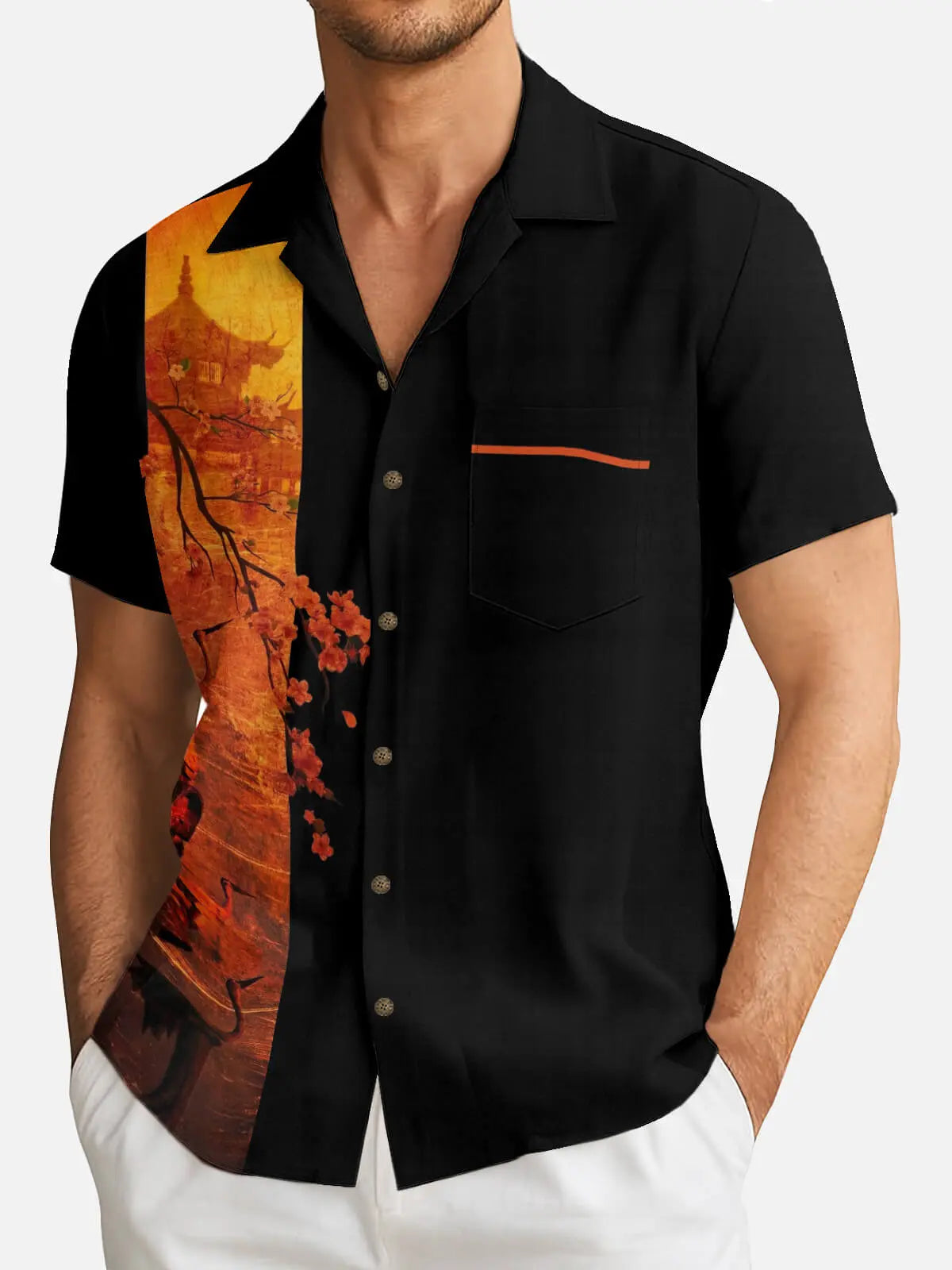 Tall Men's Pagoda & Crane Panel Short Sleeve Shirt Eleven Oasis