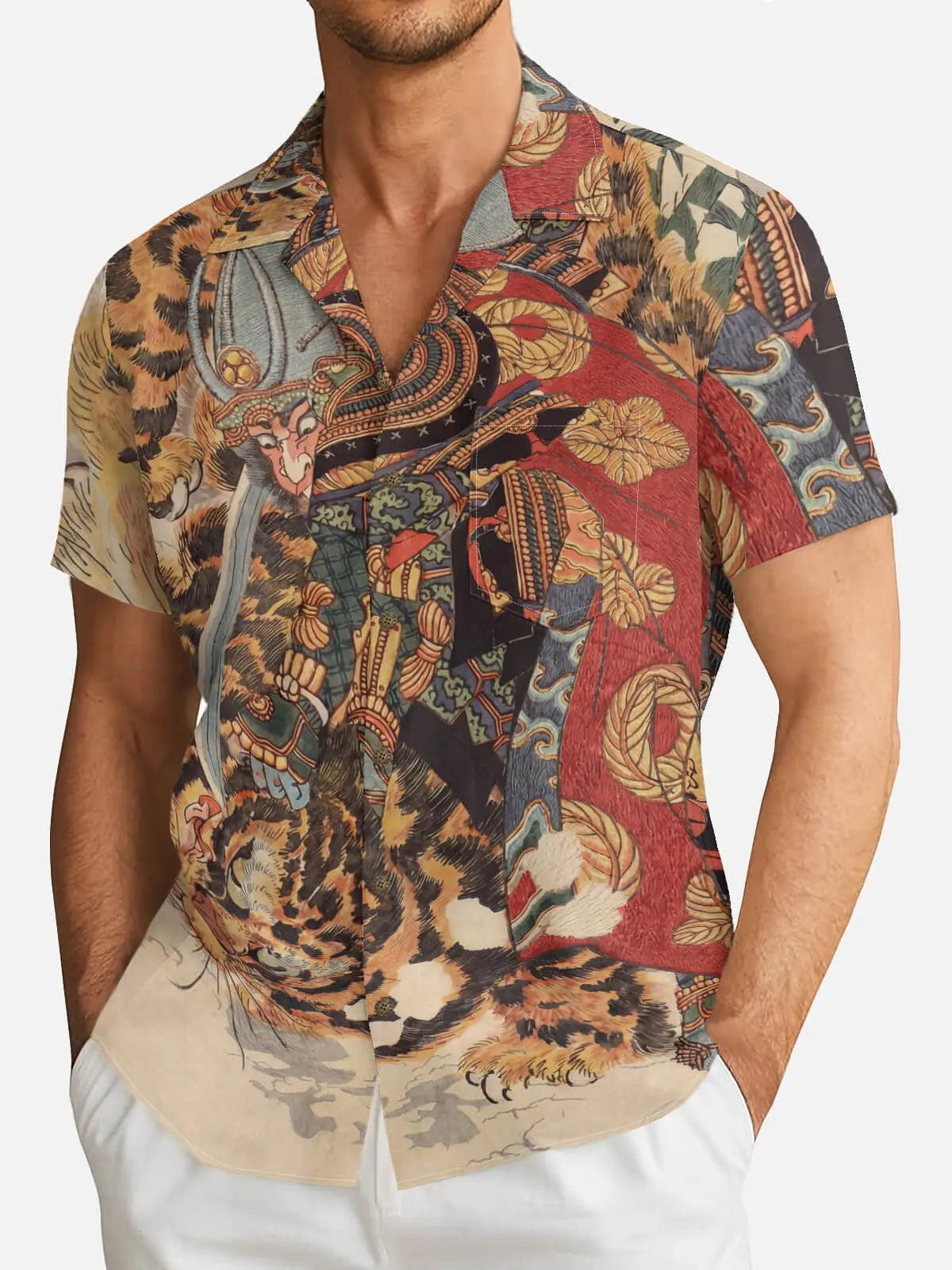 Tall Men's Japanese Samurai & Tiger Ukiyo-e Short Sleeve Shirt Eleven Oasis