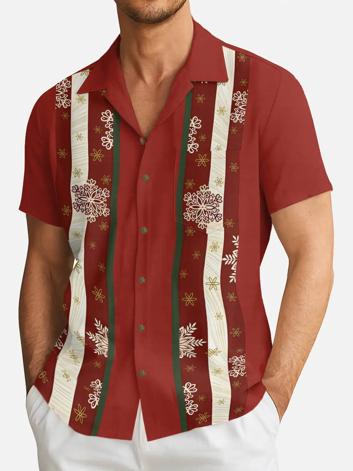 Tall Men's Festive Snowflake Stripe Christmas Short Sleeve Shirt Eleven Oasis