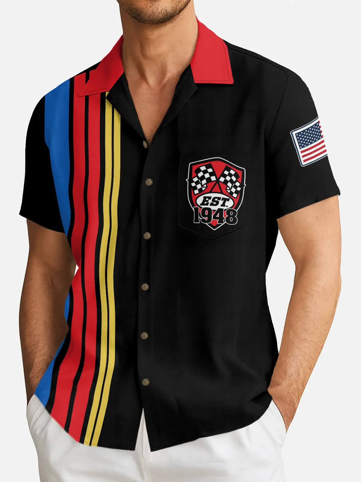 Men's Custom Racing Stripe & Shield Crest Short Sleeve Shirt Eleven Oasis
