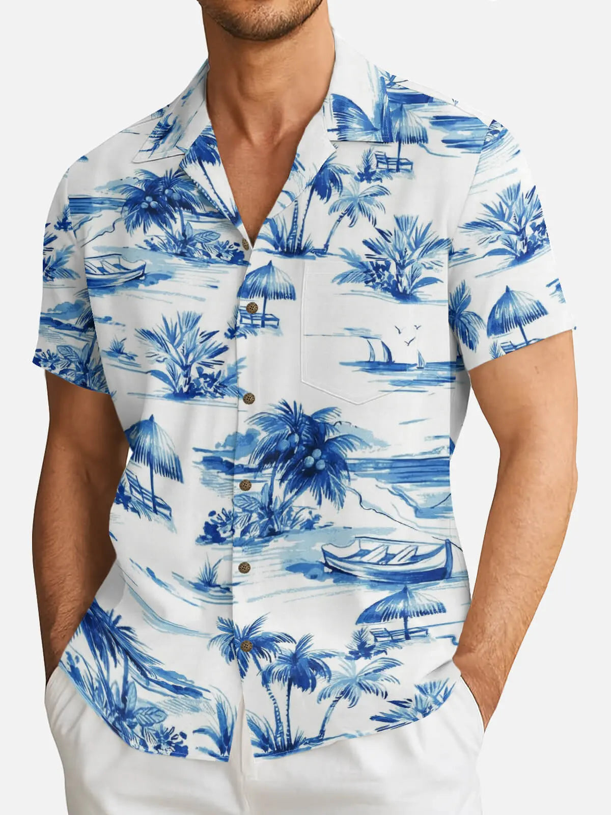 Tall Men's Coastal Island Scene Short Sleeve Shirt Eleven Oasis