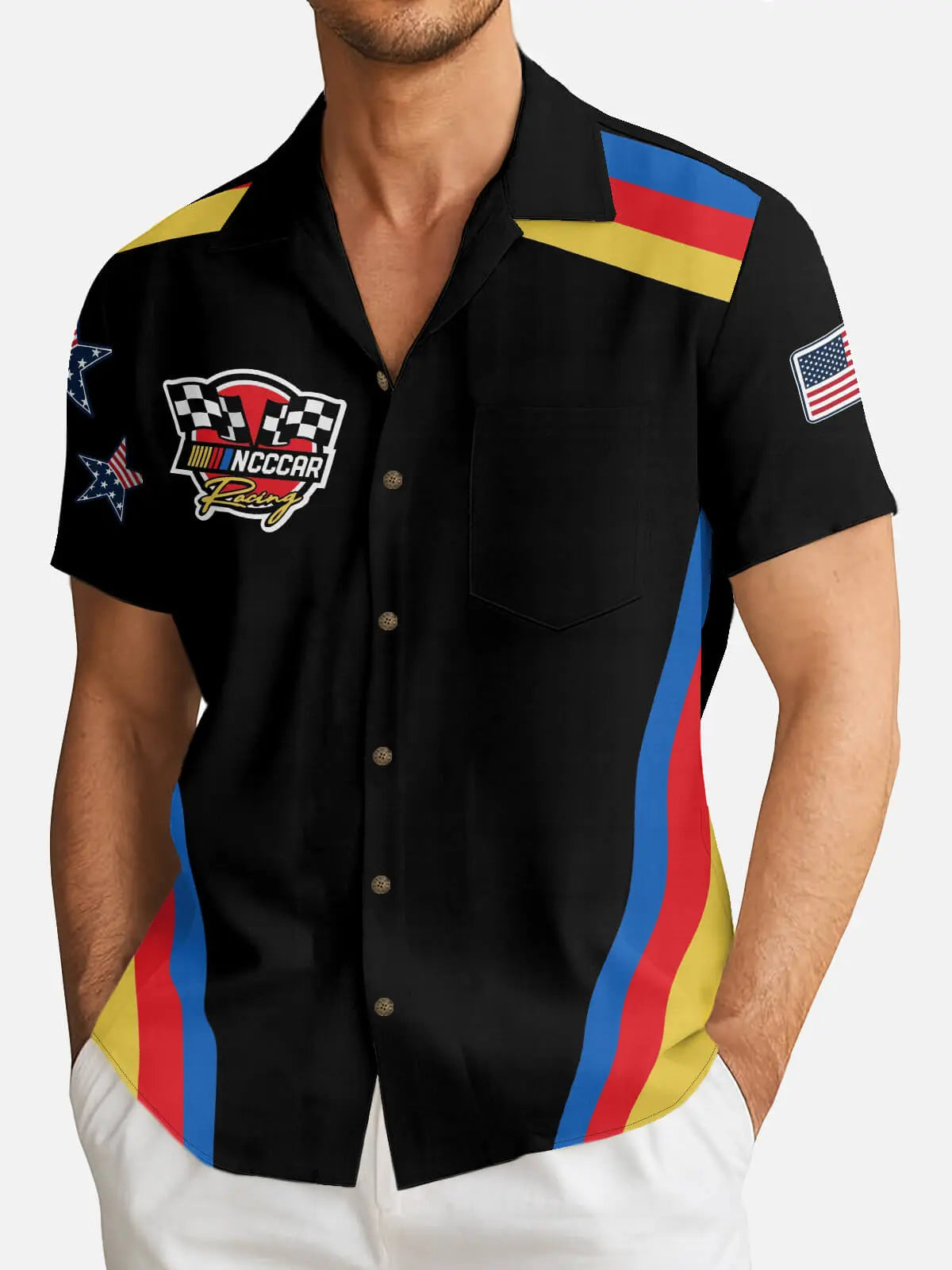 Tall Men's Custom Racing Flags Stripes & Stars Short Sleeve Shirt Eleven Oasis