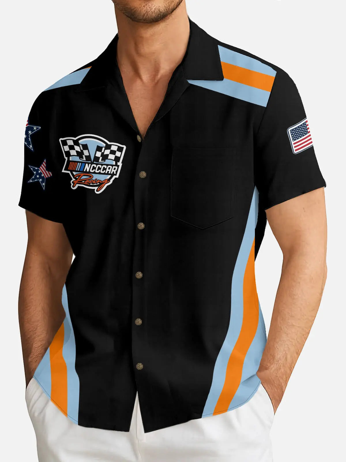 Men's Custom Racing Flags Stripes & Stars Short Sleeve Shirt Eleven Oasis