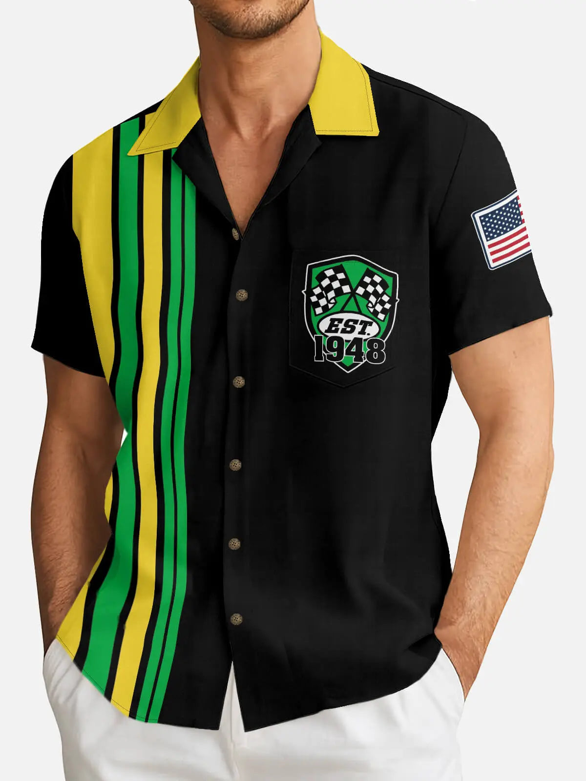 Men's Custom Racing Stripe & Shield Crest Short Sleeve Shirt Eleven Oasis