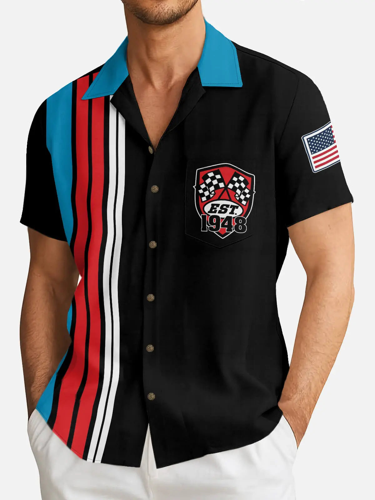 Tall Men's Custom Racing Stripe & Shield Crest Short Sleeve Shirt Eleven Oasis