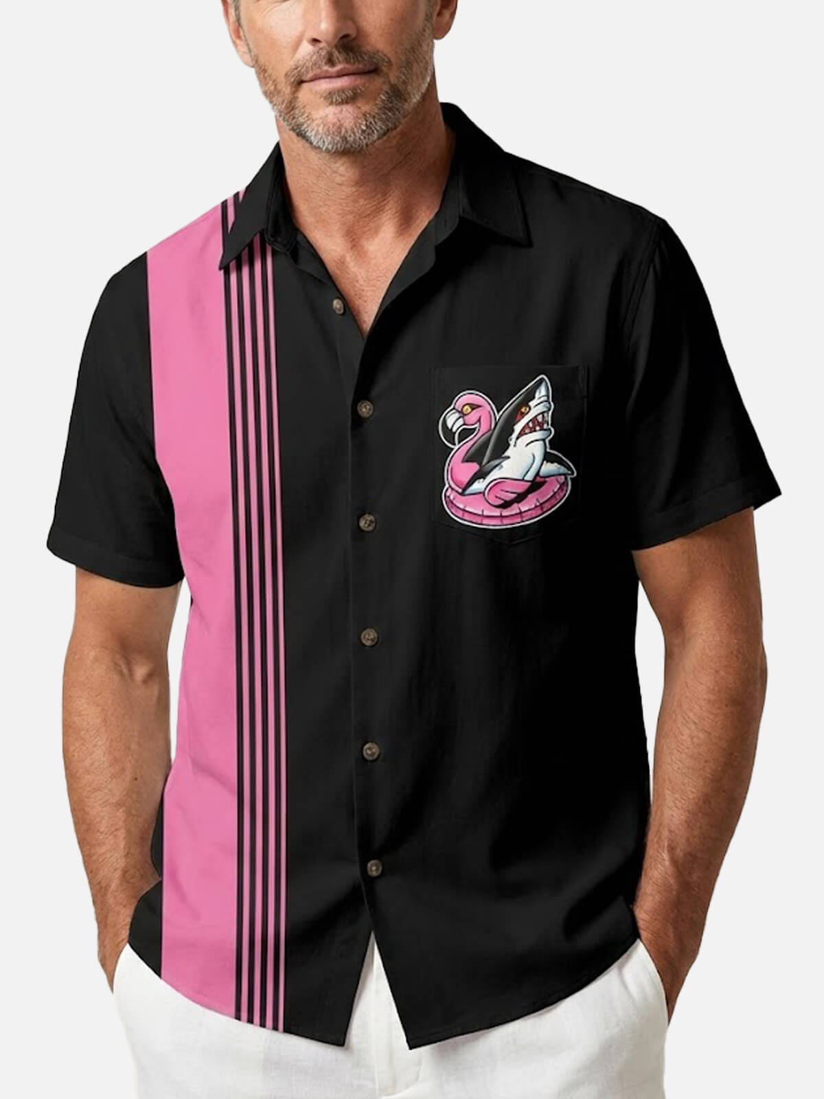 Men's Retro Stripe Flamingo Shark Float Short Sleeve Shirt Eleven Oasis