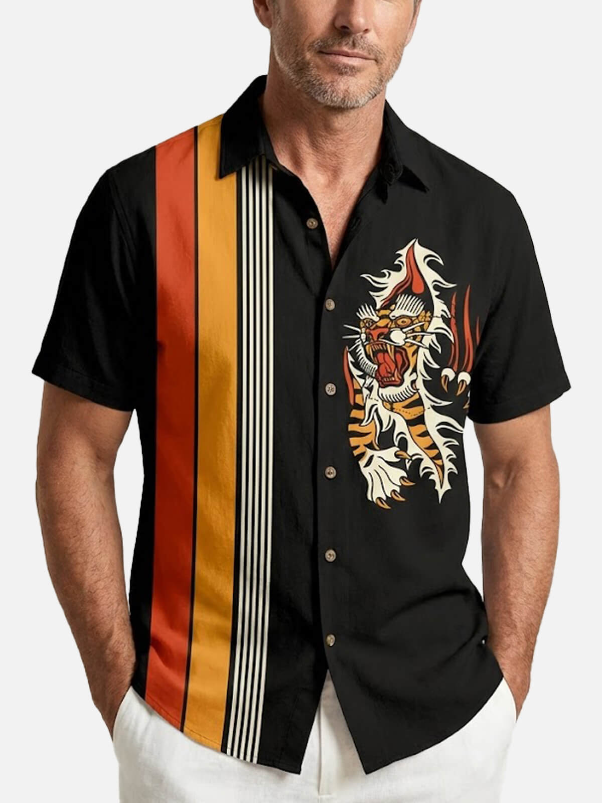 Men's Retro Stripe Tiger Short Sleeve Shirt Eleven Oasis