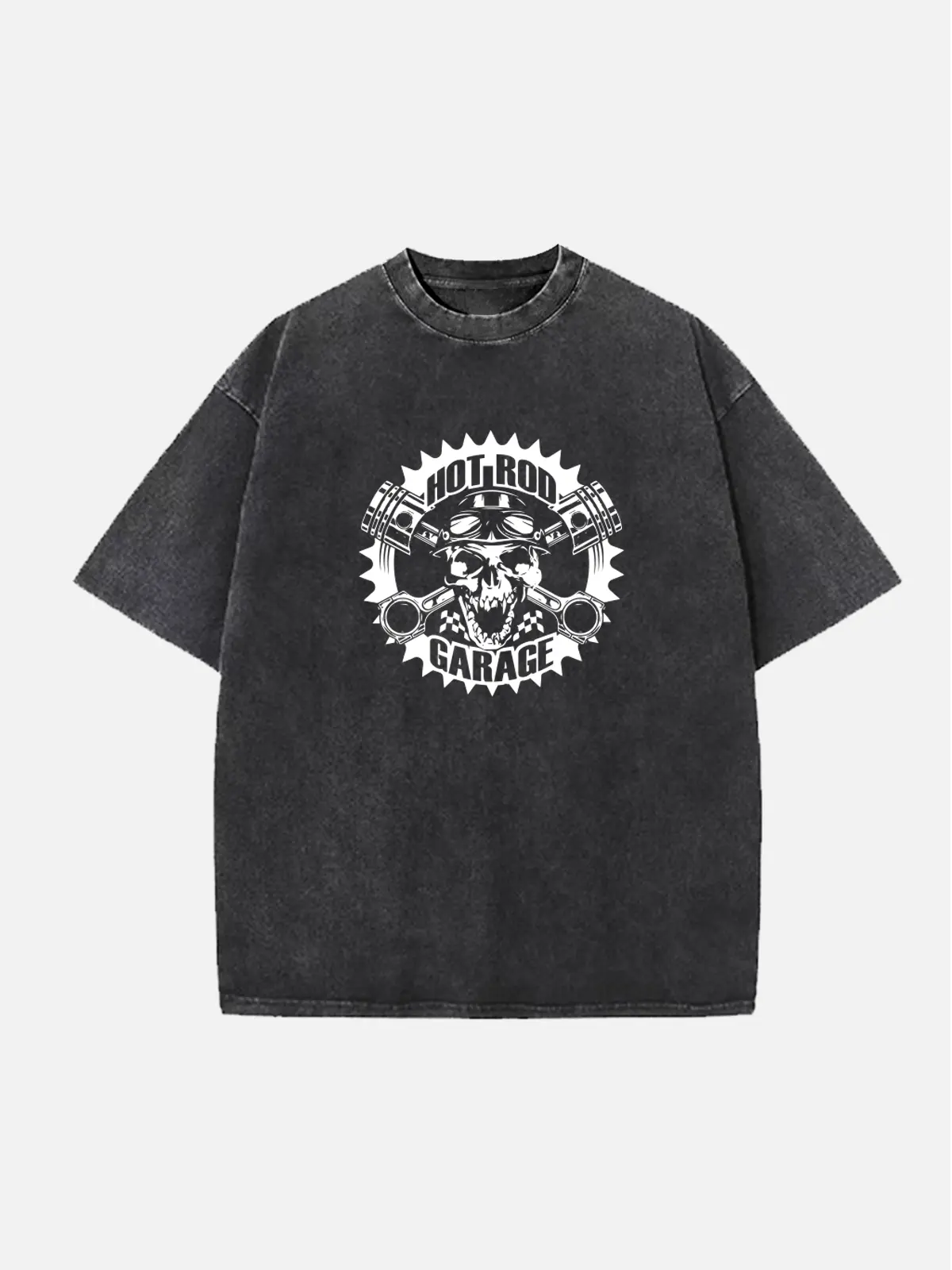 Hot Rod Garage Skull Piston Classic Artwork Acid Wash Cotton T-Shirt Eleven Oasis