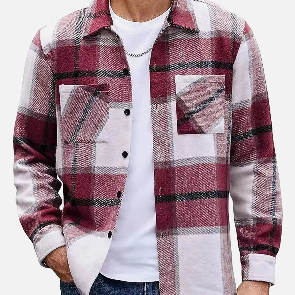 Men's Warm Plaid Button-Up Long Sleeve Shirt Jacket ElevenOasis