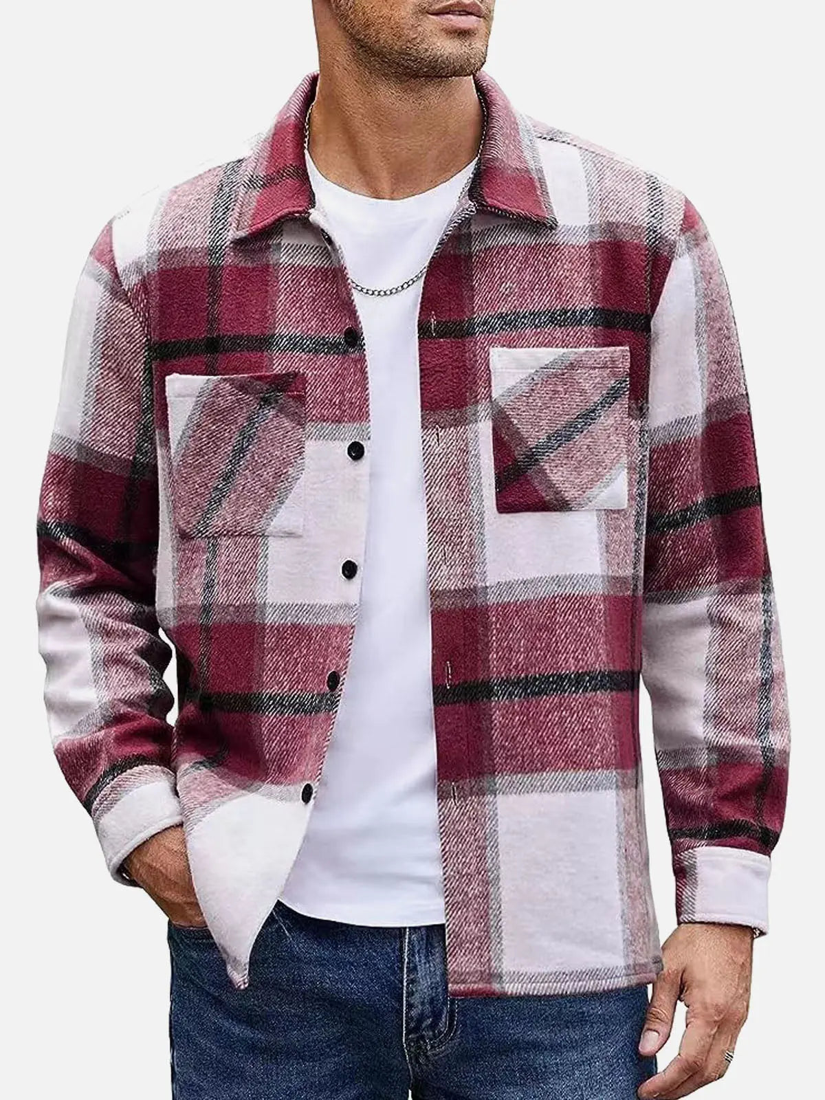Men's Warm Plaid Button-Up Long Sleeve Shirt Jacket ElevenOasis