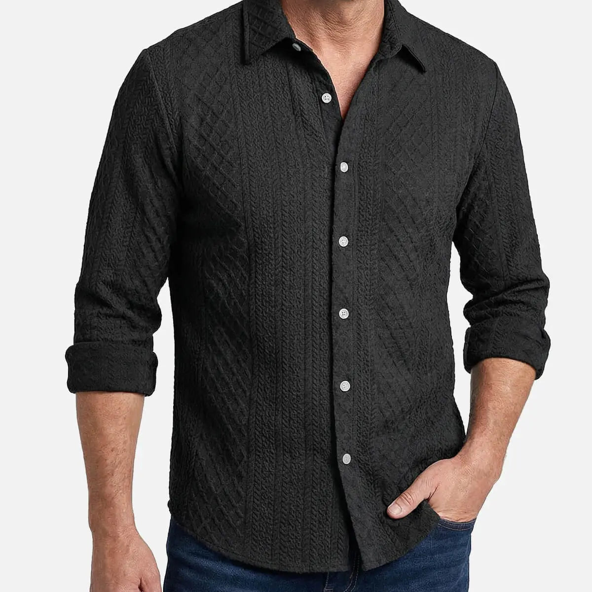 Men's Slim Fit Textured Cable Knit Long Sleeve Shirt Eleven Oasis