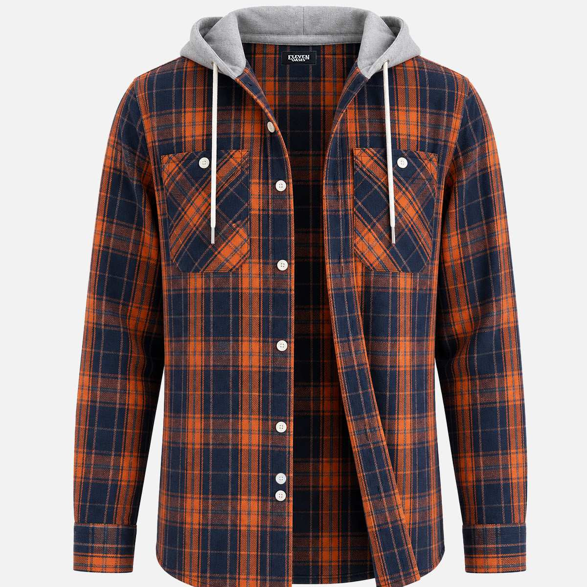 Men's Hooded Plaid Double Pocket Long Sleeve Shirt Eleven Oasis