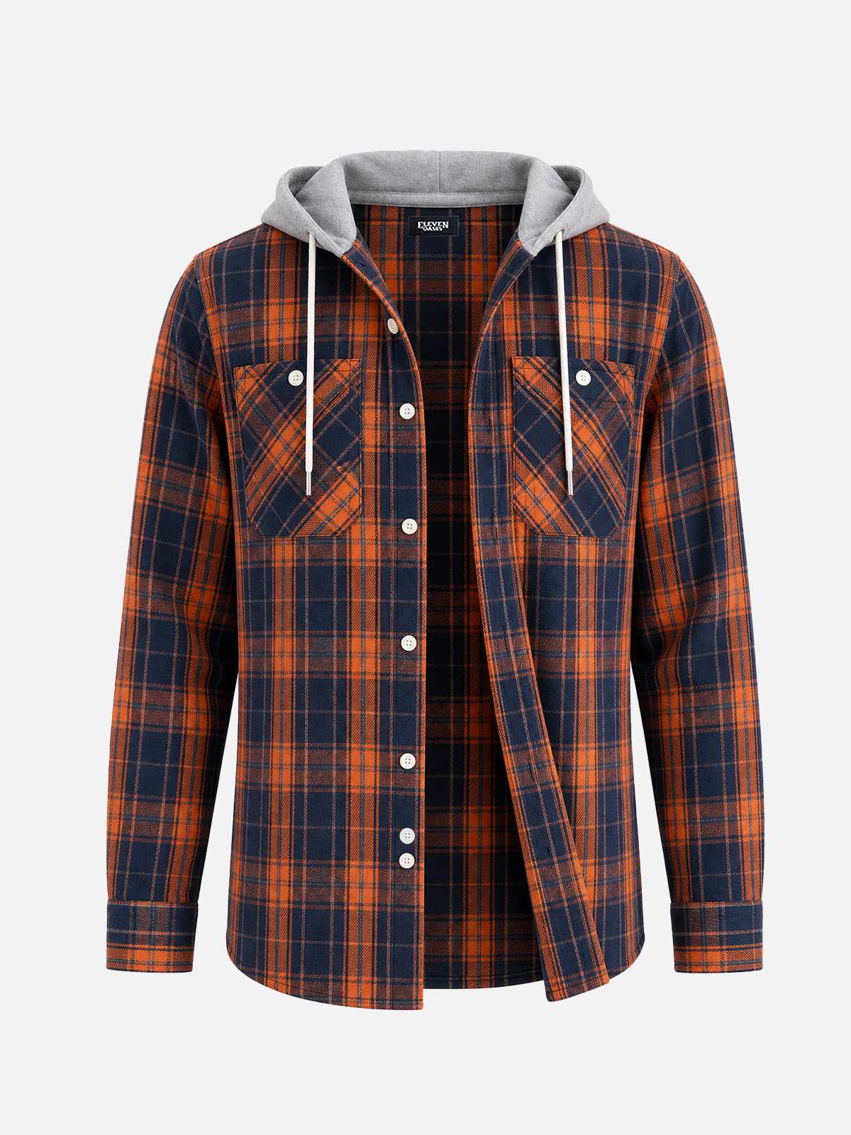Men's Hooded Plaid Double Pocket Long Sleeve Shirt Eleven Oasis