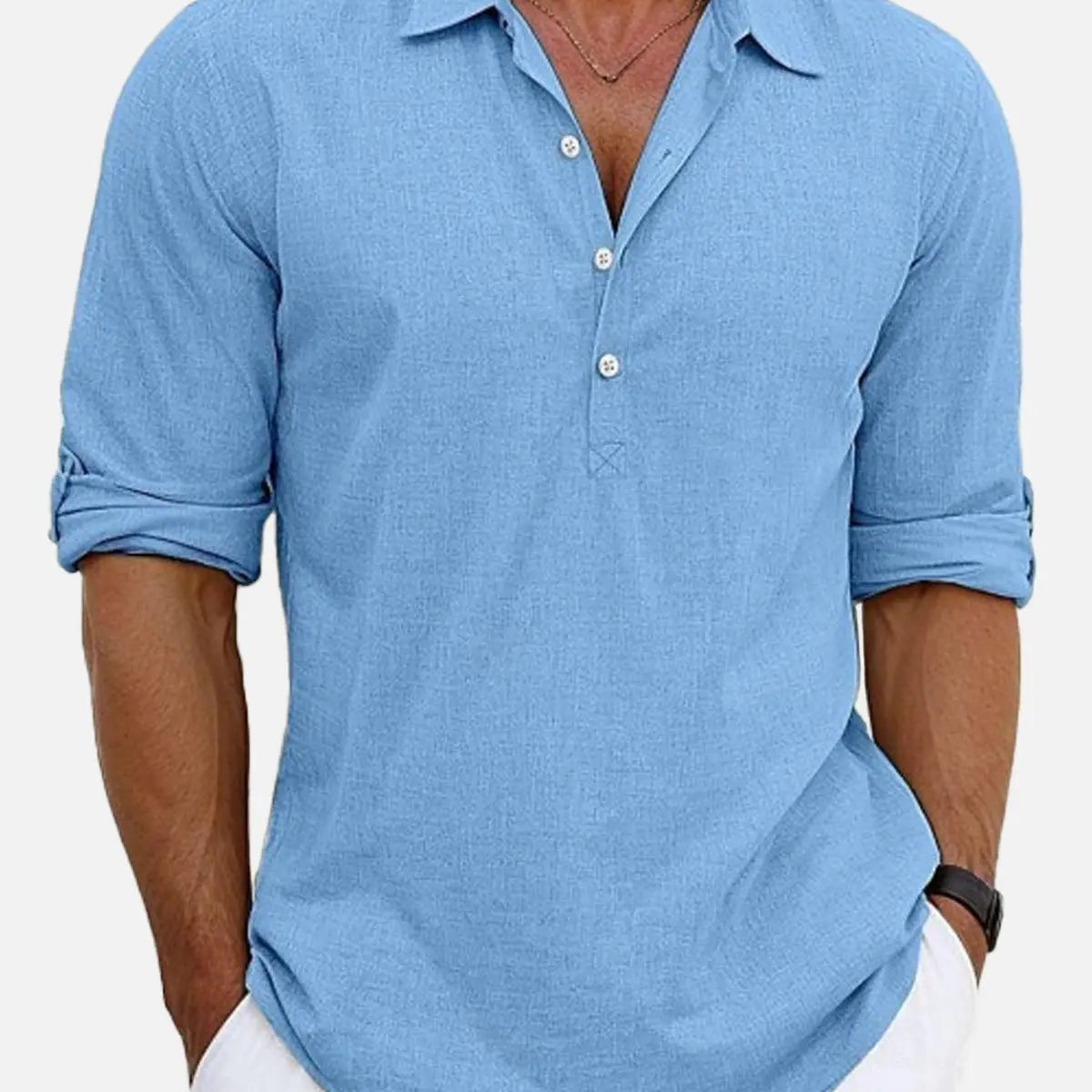Men's Cotton Stand Collar Long Sleeve Popover Shirt ElevenOasis