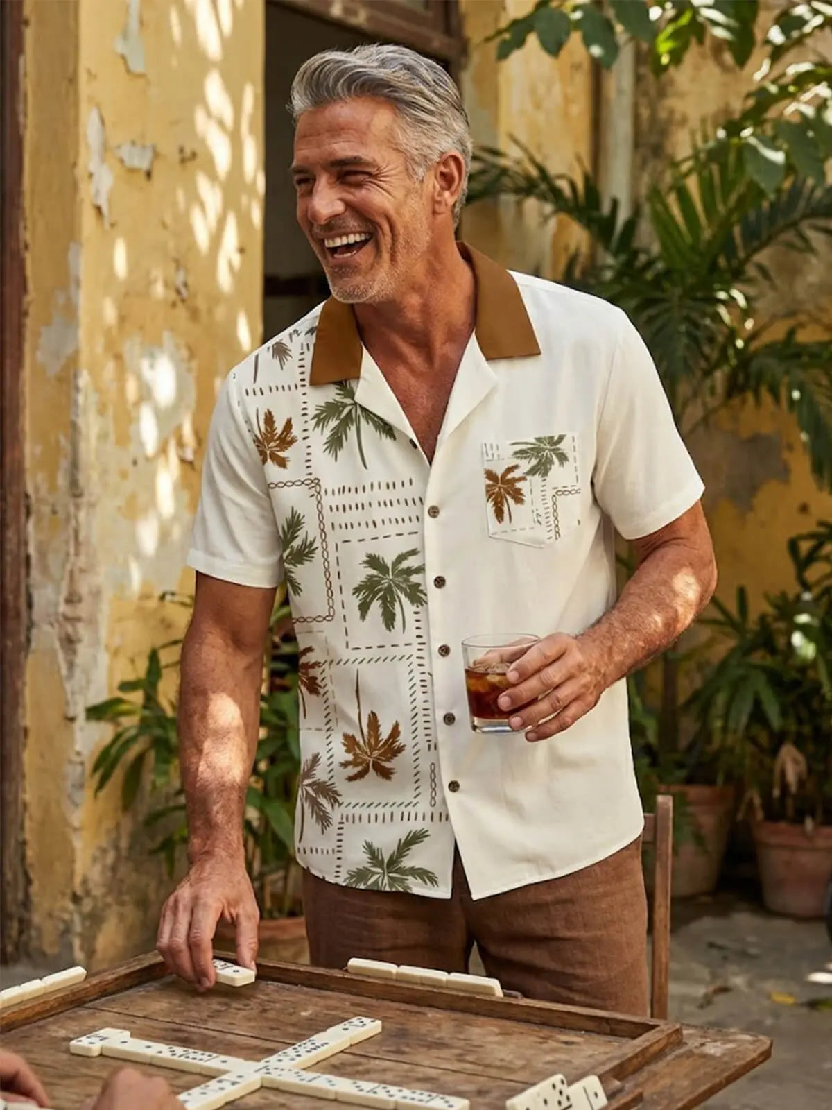 Men's Vintage Palm Patchwork Short Sleeve Shirt ElevenOasis