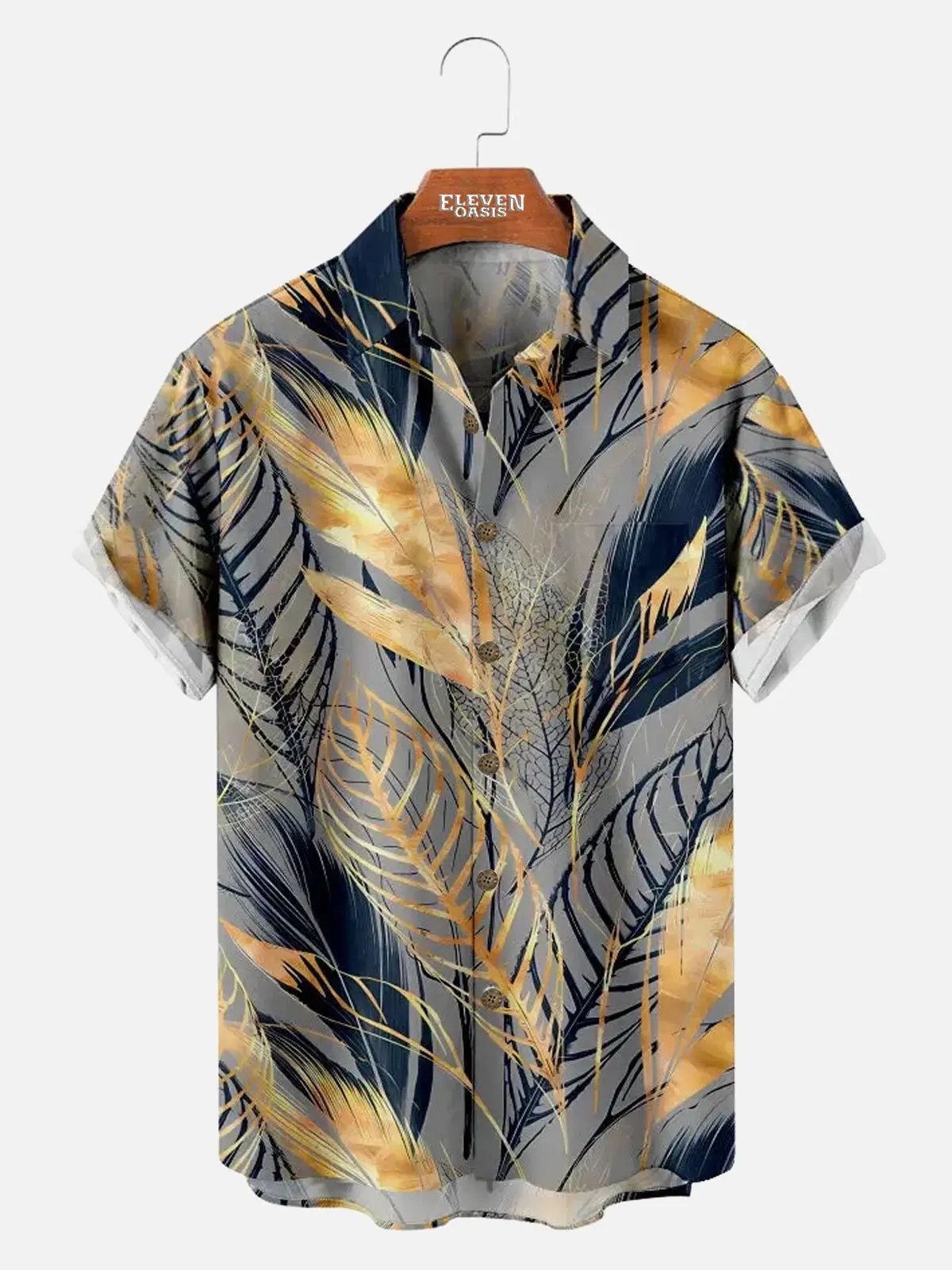 Men's Golden Leaf Print Short Sleeve Shirt ElevenOasis