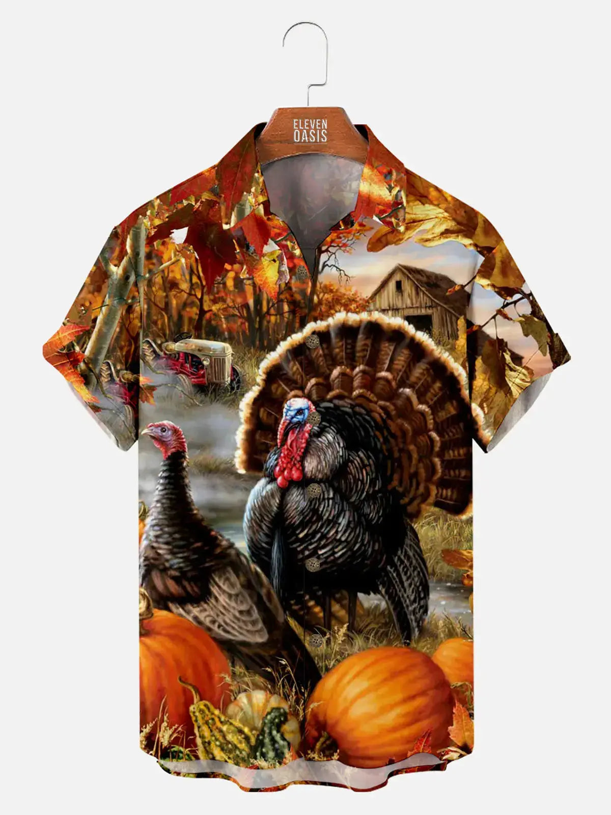 Men's Thanksgiving Turkey Print Short Sleeve Shirt Eleven Oasis