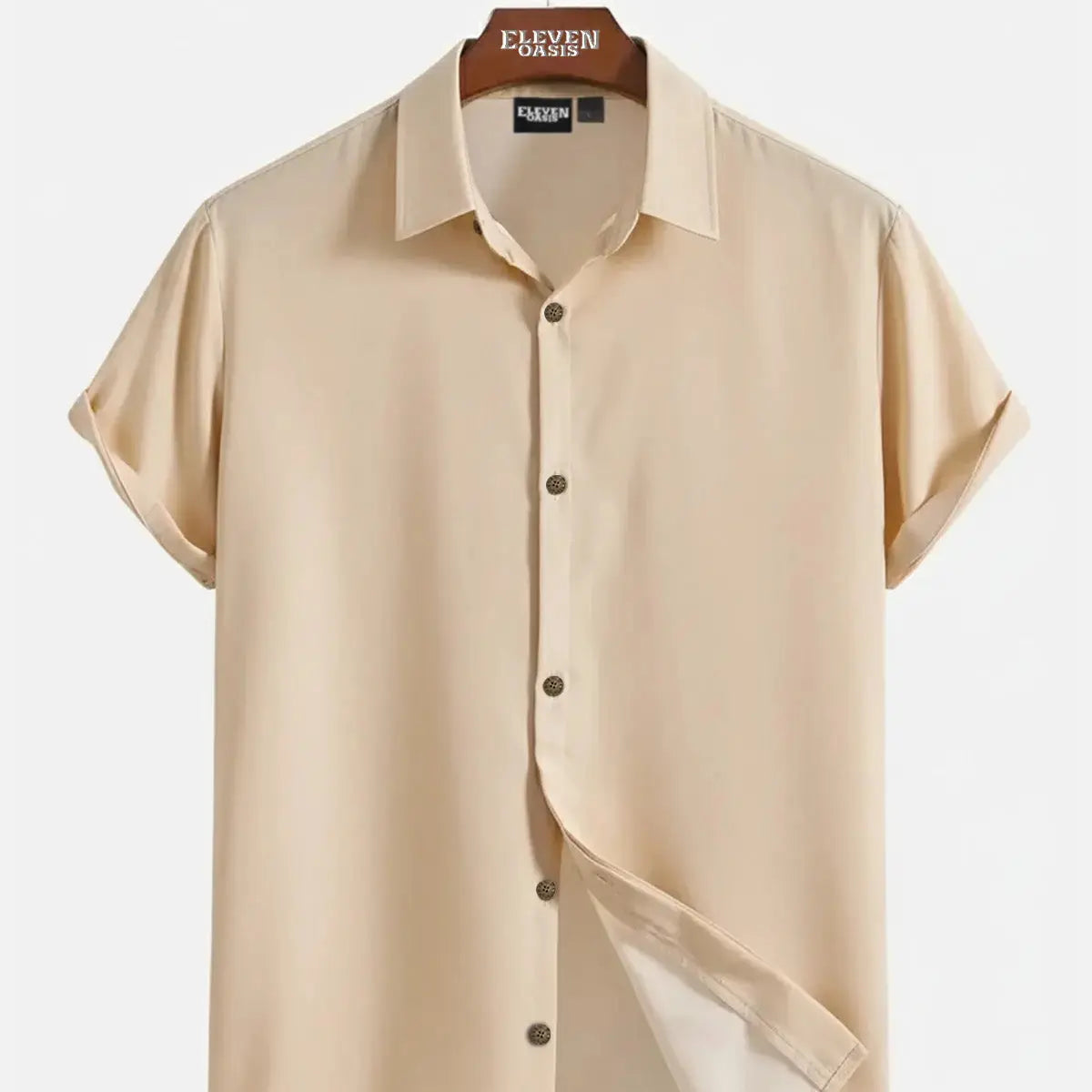 Men's Casual Linen-Feel Loose Printed Solid Color Button Short Sleeve Shirt ElevenOasis