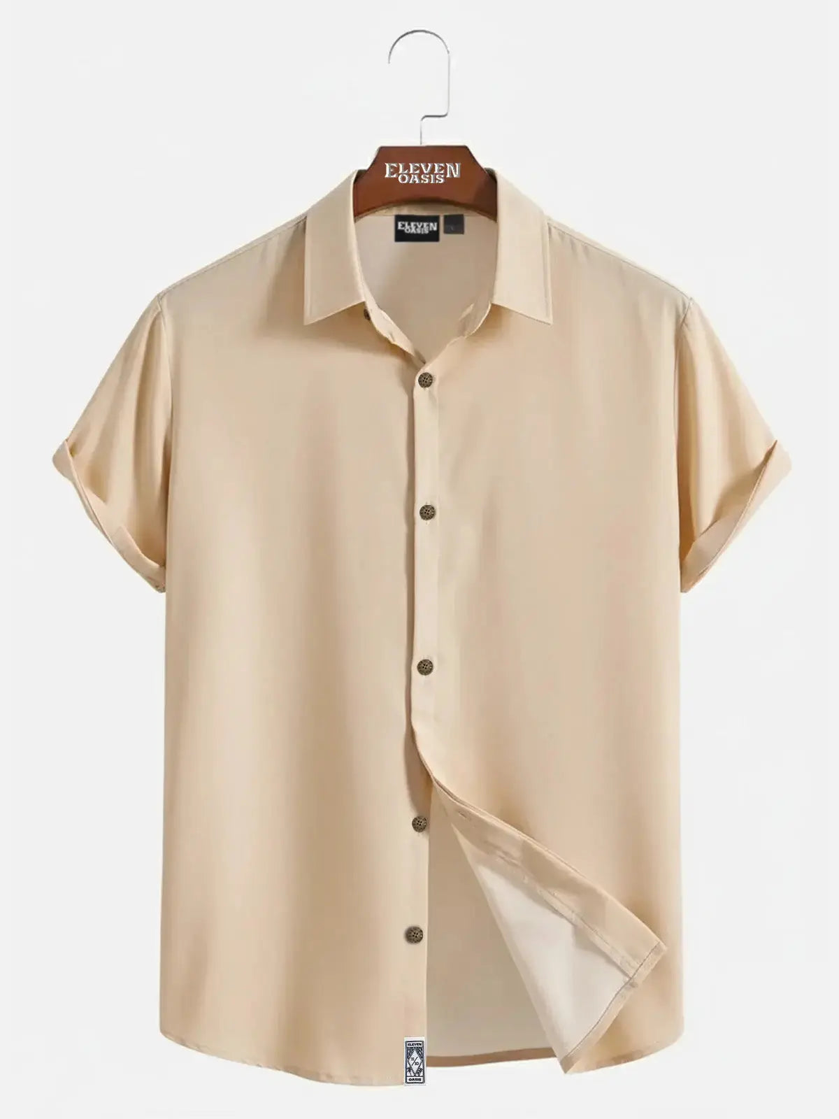 Men's Casual Linen-Feel Loose Printed Solid Color Button Short Sleeve Shirt ElevenOasis