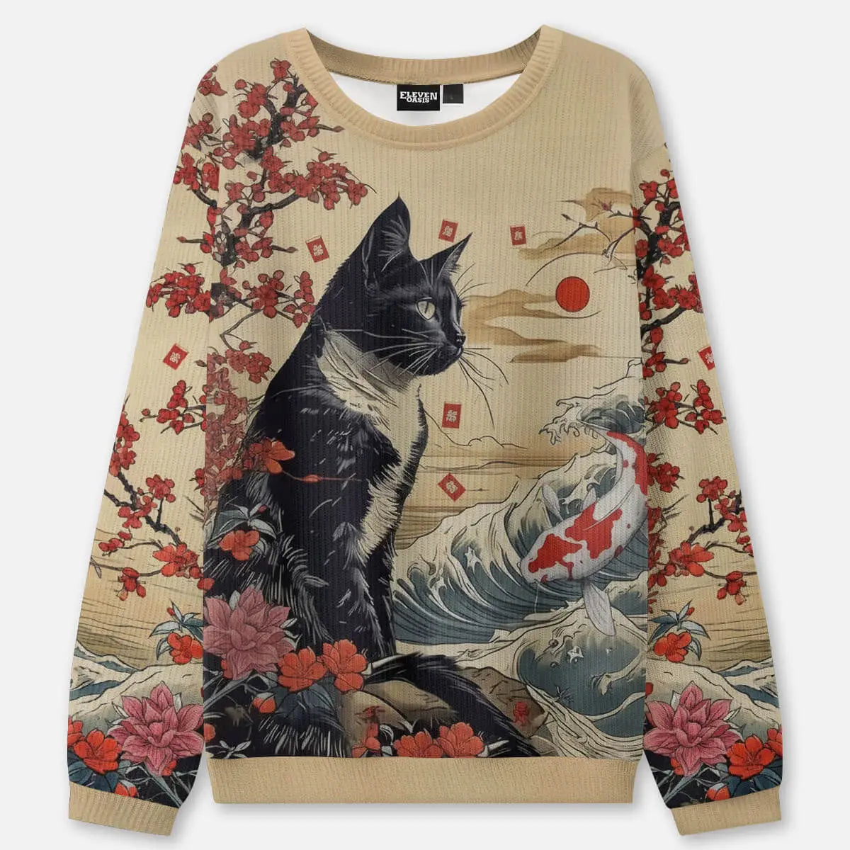 Japanese Cat Ink Art Crew Neck Sweatshirt ElevenOasis