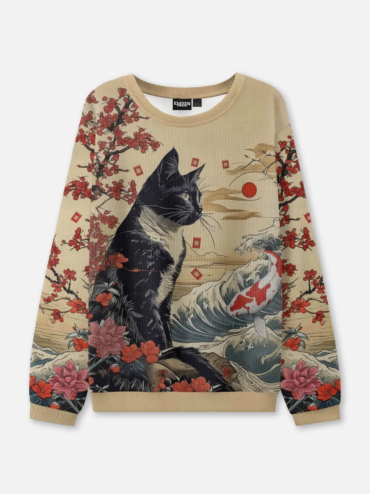 Japanese Cat Ink Art Crew Neck Sweatshirt ElevenOasis