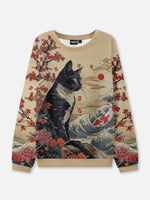 Japanese Cat Ink Art Crew Neck Sweatshirt Eleven Oasis