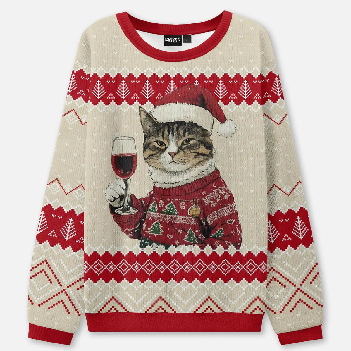 Cat Wine Ugly Christmas Sweatshirt ElevenOasis