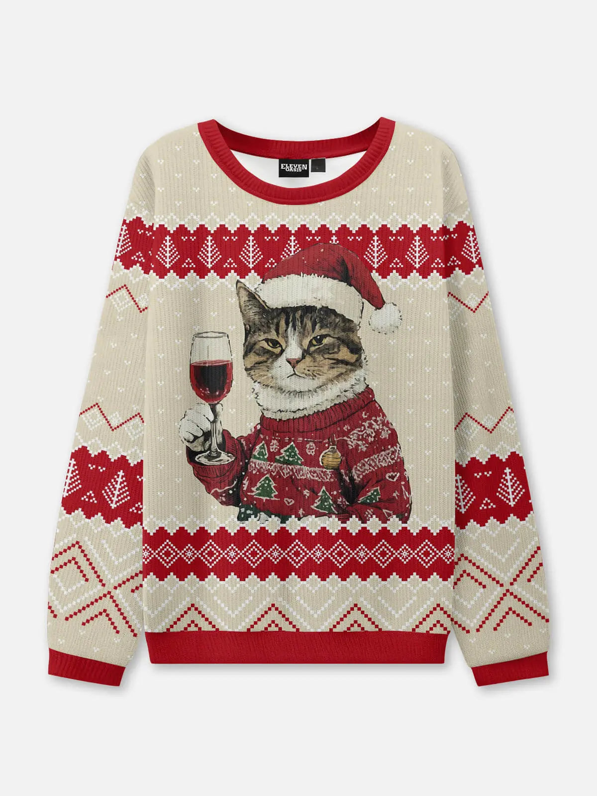 Cat Wine Ugly Christmas Sweatshirt ElevenOasis