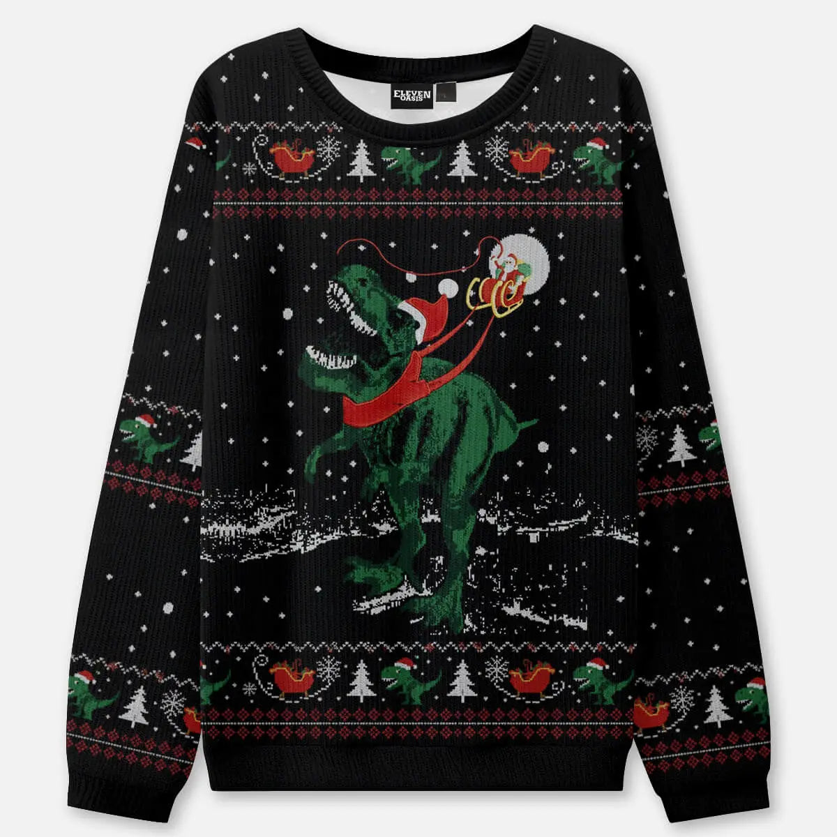 Santa's T-Rex Sleigh Ride Ugly Christmas Sweatshirt ElevenOasis