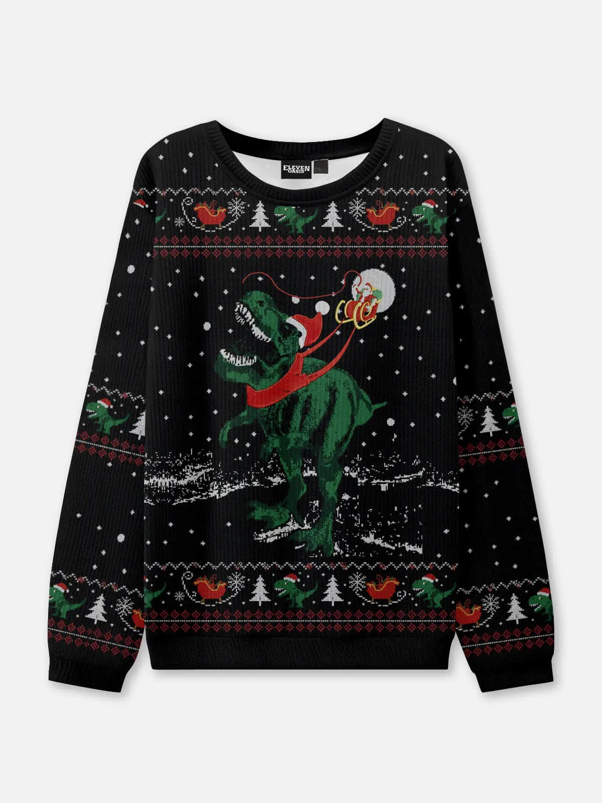 Santa's T-Rex Sleigh Ride Ugly Christmas Sweatshirt ElevenOasis