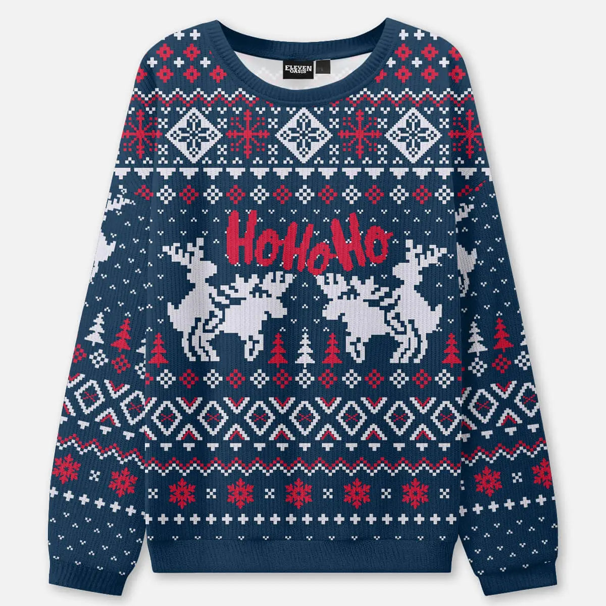 Ugly Christmas Sweater Ho Ho Ho Reindeer Sweatshirt ElevenOasis