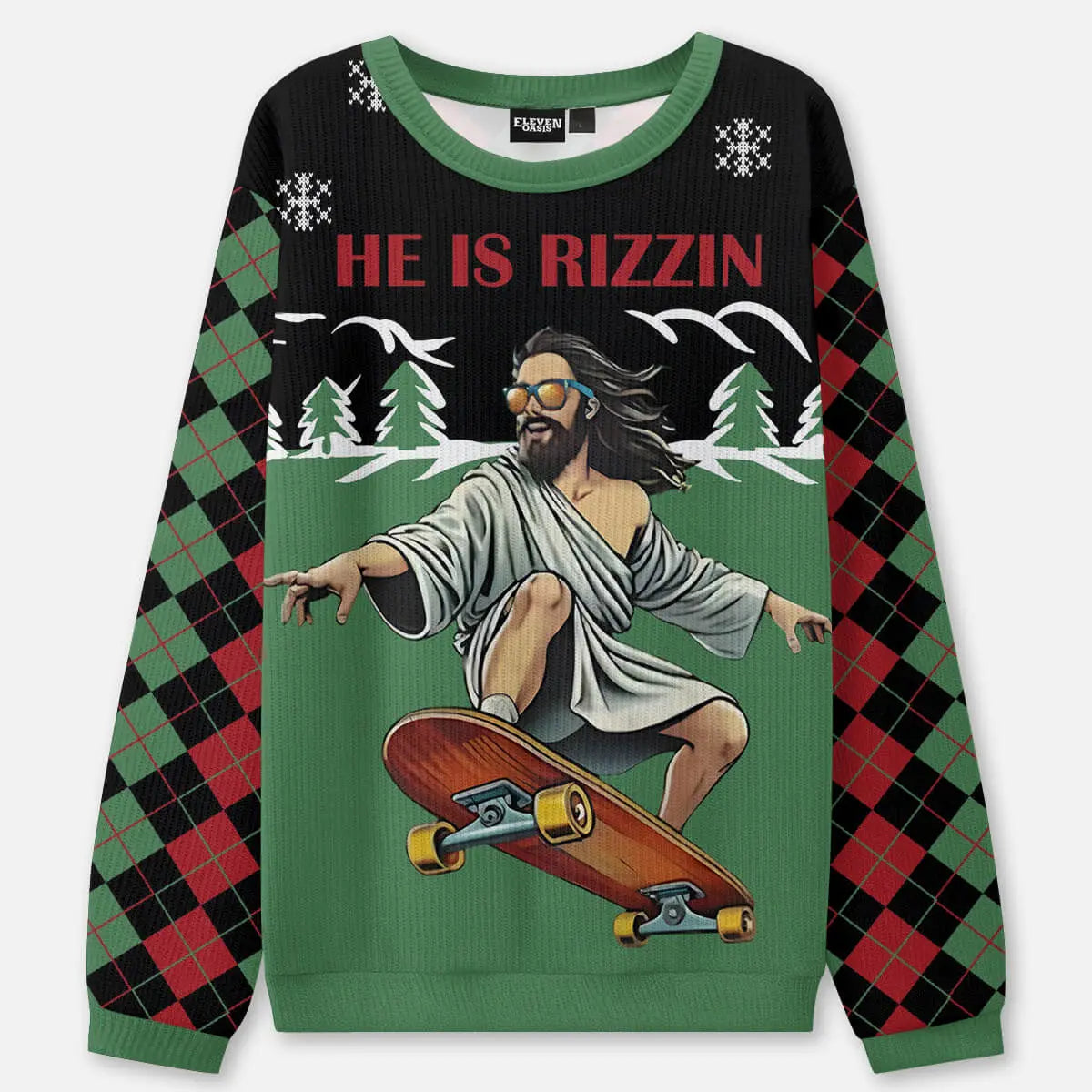 He Is Rizzin Skateboard Ugly Christmas Sweatshirt ElevenOasis