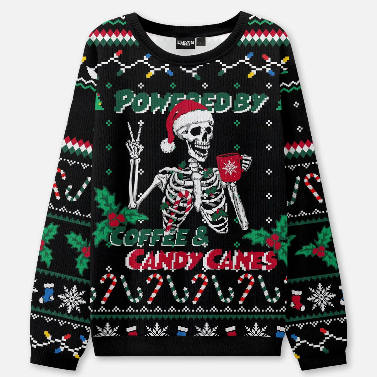 Powered by Coffee & Candy Canes Ugly Christmas Sweatshirt ElevenOasis